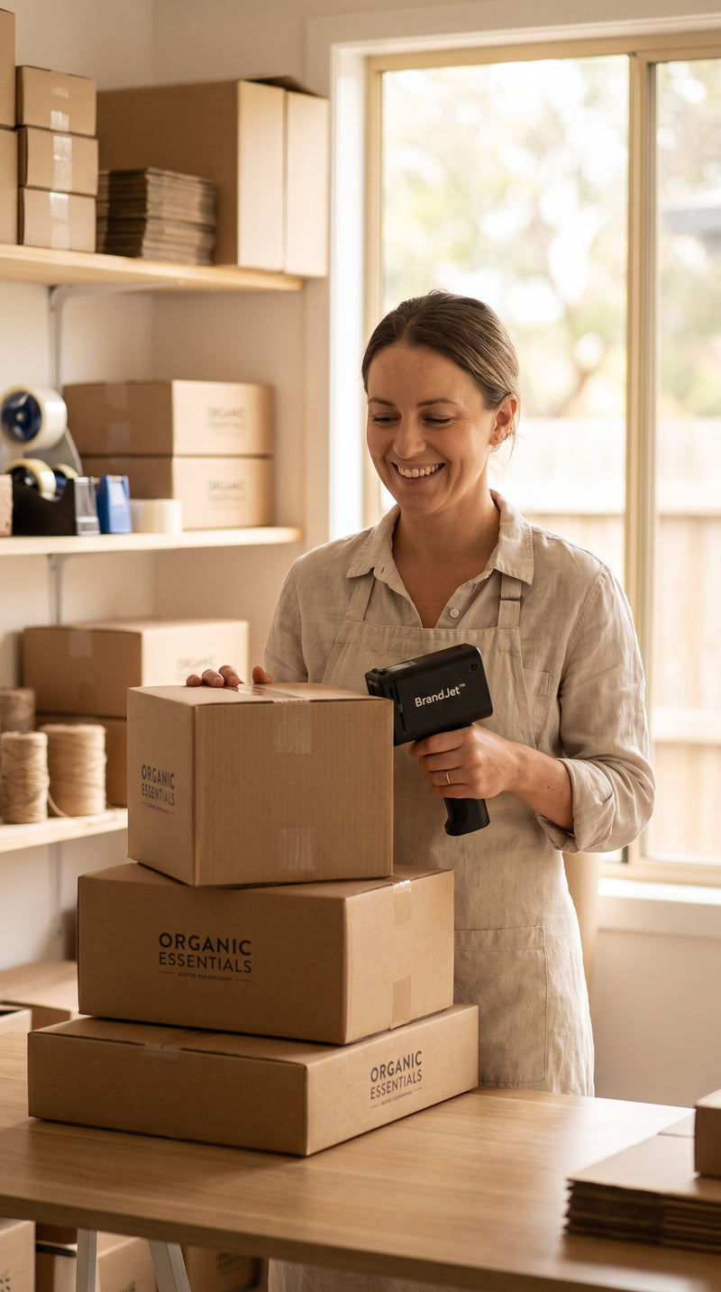 Small business owner holding a branded package with pride
